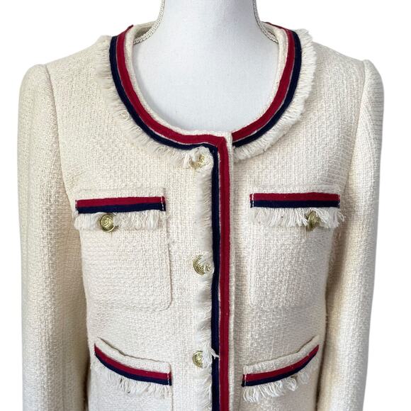 J.Crew Lady Jacket Blazer Tweed Cropped Fringe Fringy White Red Navy Blue Size 6 - Picture 6 of 13